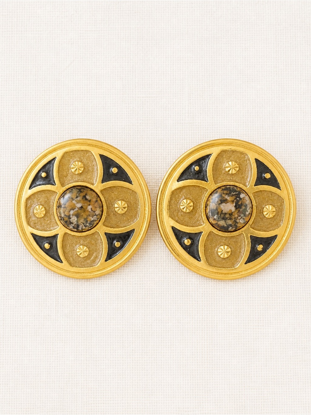 Vintage Gold & Taupe Clip-On Earrings | Art Deco Large Circle Statement